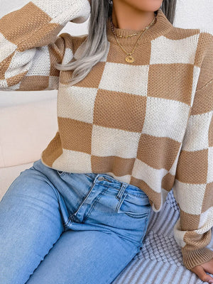 casual front outfit with checkered sweater