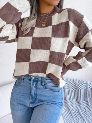 chic front look of checkered sweater outfit