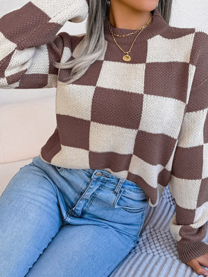 classic front view of checkered knit sweater