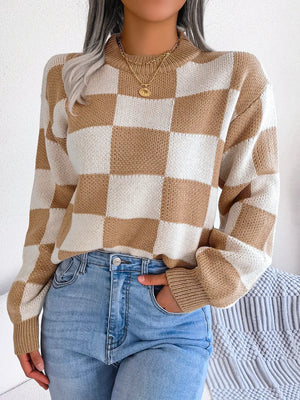 front side of cozy checkered knit sweater