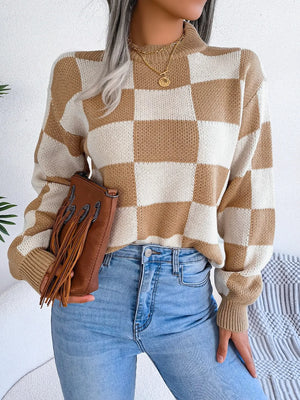 modern front view of checkered knit pullover