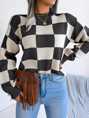 front detail of checkered pattern knit sweater