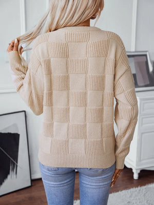 Checkered round neck long sleeve sweater back view
