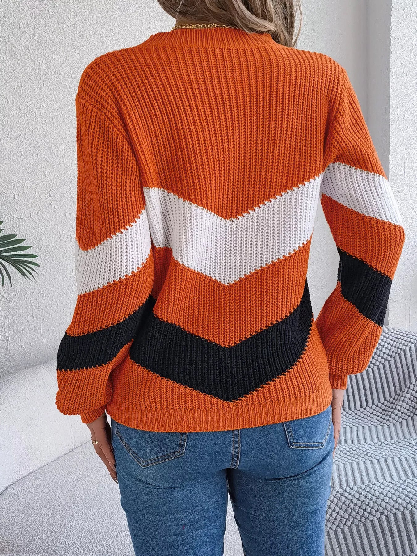 chevron stripe color block sweater back view round neck design