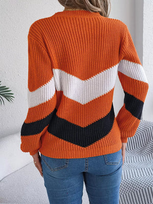 chevron stripe color block sweater back view round neck design