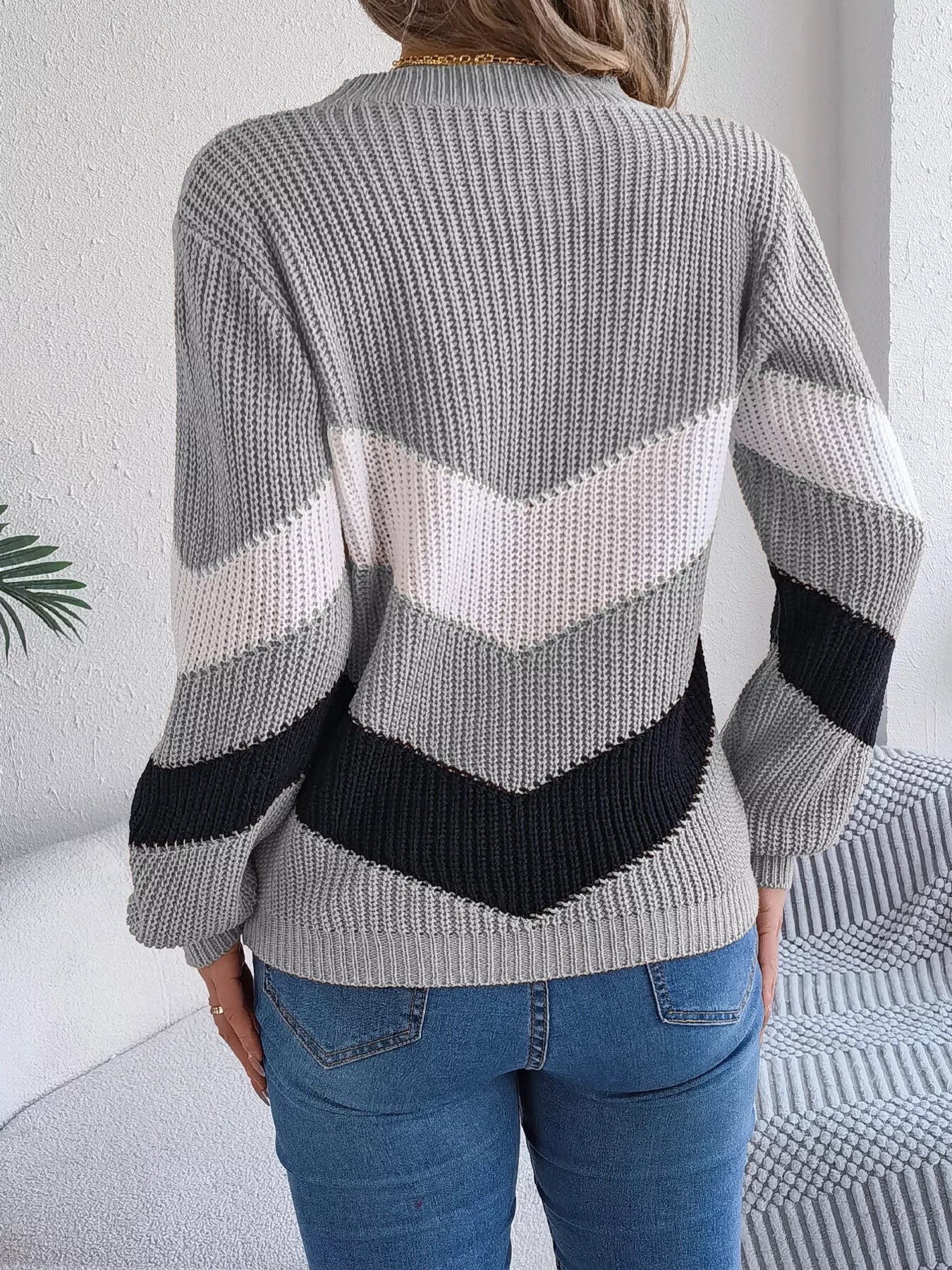 back side of chevron stripe color block sweater soft fabric