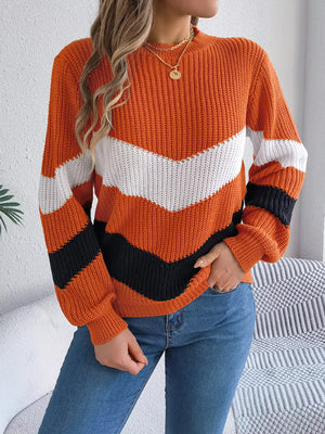 casual outfit with chevron stripe round neck sweater front view
