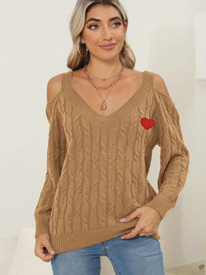 Front display of Cable-Knit Heart V-Neck Sweater with casual elegant fit