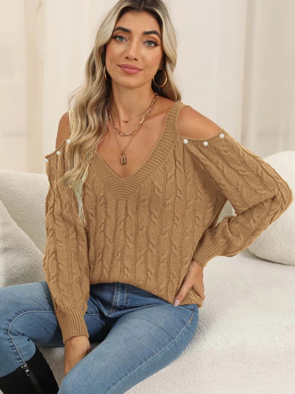 Elegant women's Cable-Knit Cold Shoulder Sweater front presentation
