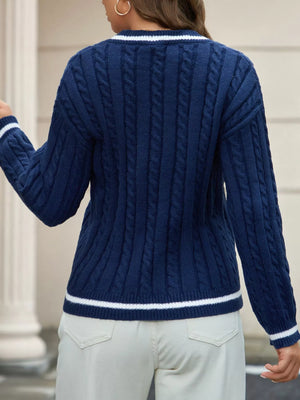 classic cable knit v neck sweater back view women's winter knitwear
