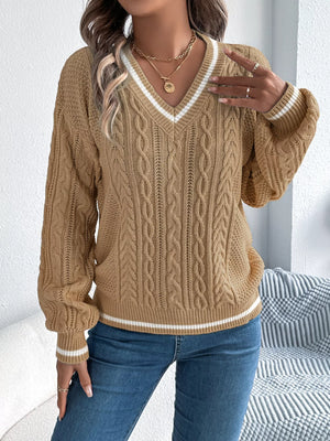 Classic cable knit V-neck sweater front winter style