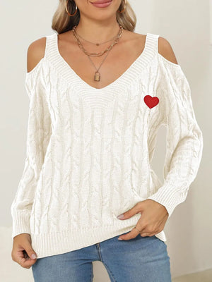 Classic front-facing Cable-Knit Heart V-Neck Sweater for cozy daily wear