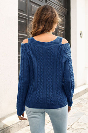 cold shoulder v neck cable knit sweater back detail winter knitwear