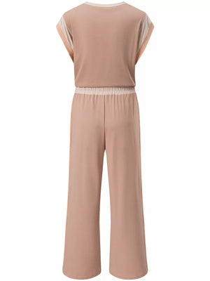 Rear view of color block detail casual two-piece set