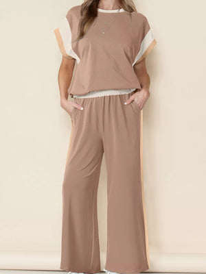 Front view of color block detail casual two-piece set