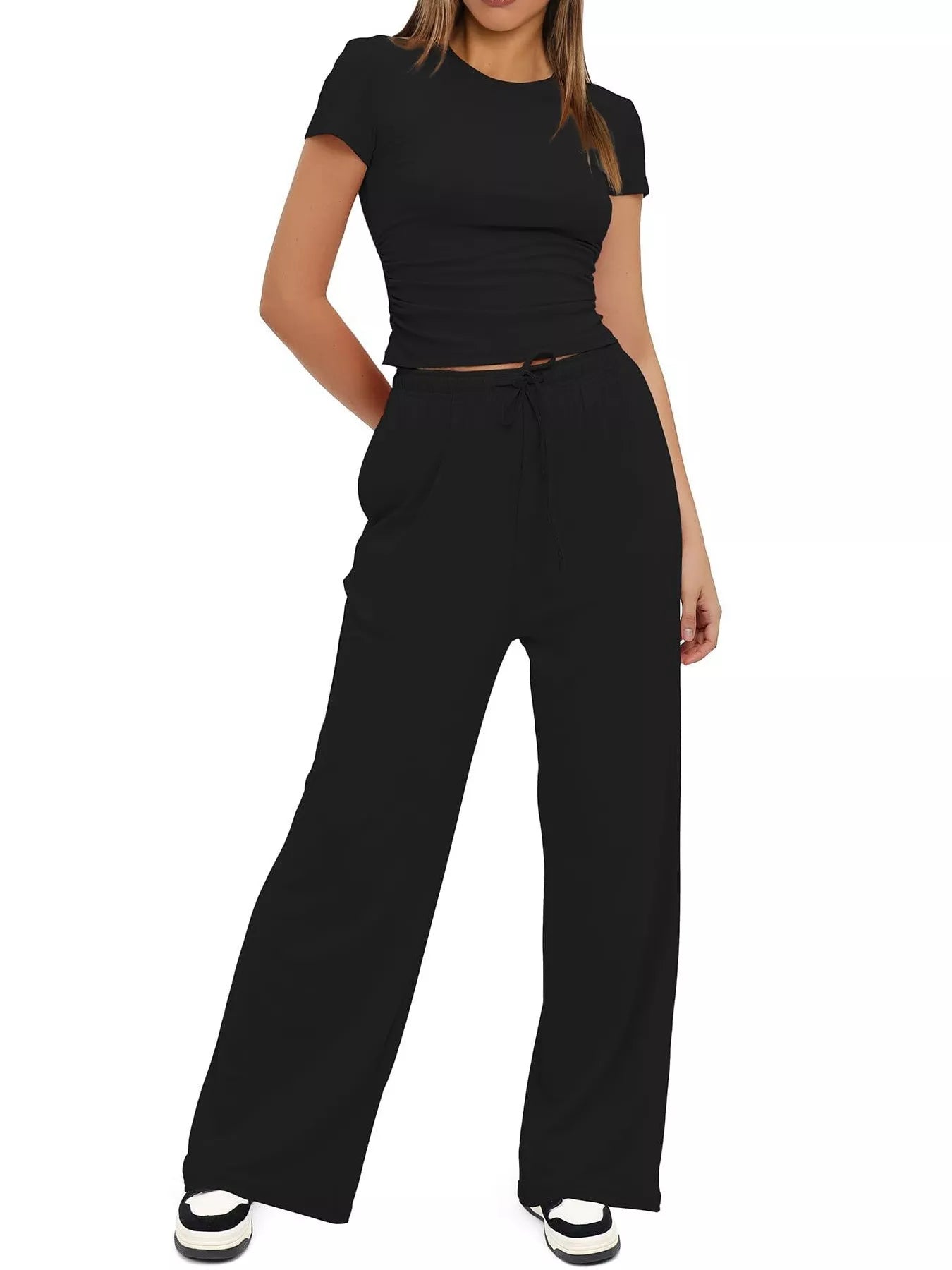 Short sleeve top and drawstring pants set front style