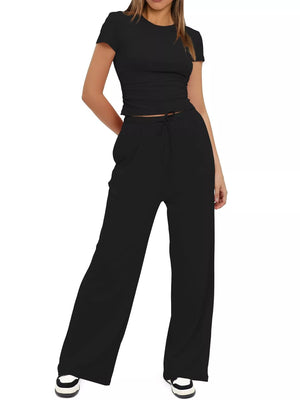 Short sleeve top and drawstring pants set front style