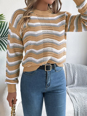 Comfortable striped long sleeve sweater front appearance