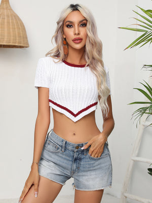 Contrast round neck cropped knit top front view