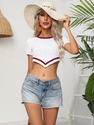 Short sleeve contrast knit crop top front