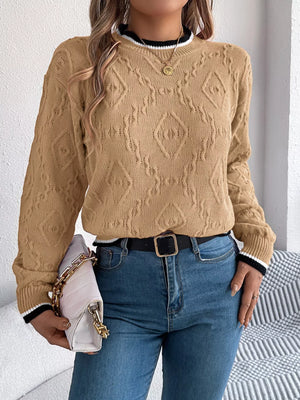 trendy round neck sweater with contrast trim front view