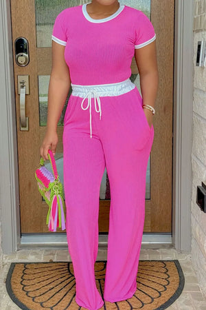 Front view of contrast trim round neck top and pants set