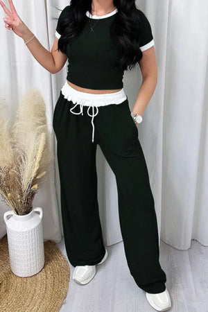 Front casual styling of contrast trim top and pants set