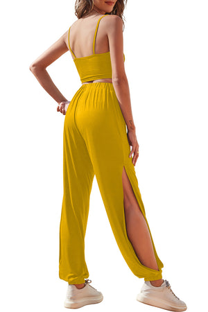 Back styling view of cropped cami and joggers set