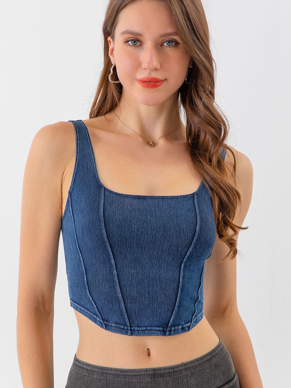 Seam Detail Cropped Denim Tank front view