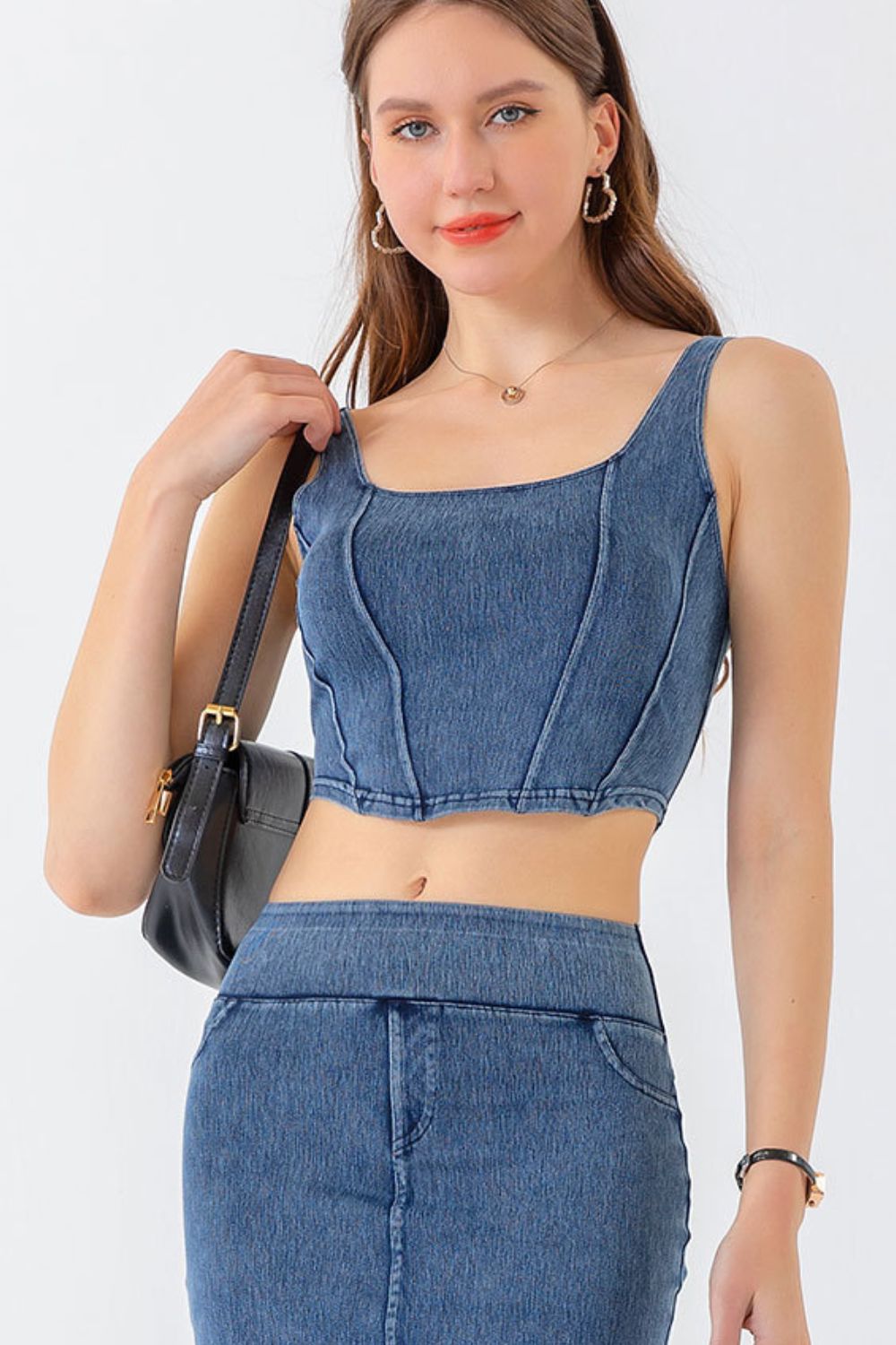 Denim cropped tank front close-up