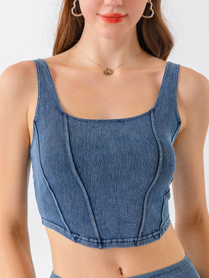 Stylish denim crop tank front view