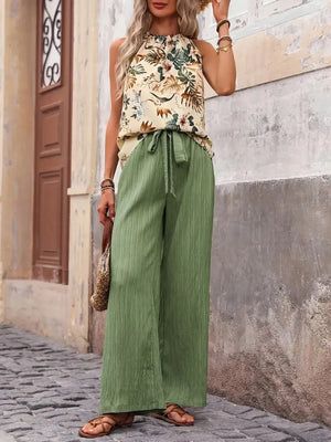 Printed tank top and wide leg pants set front detail