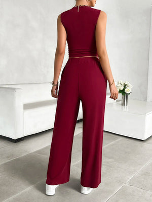 Back view of Devine mock neck sleeveless pants set