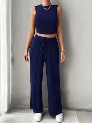 Front view of Devine mock neck sleeveless pants set