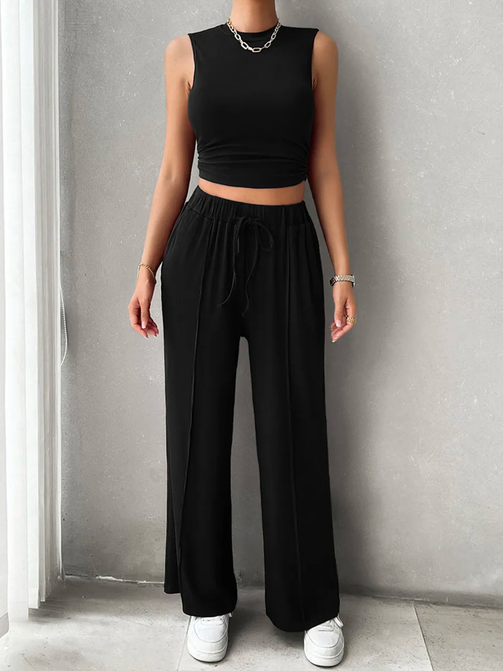 Front view of Devine drawstring pants and sleeveless top
