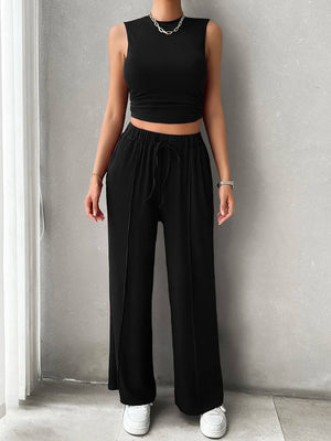 Front view of Devine drawstring pants and sleeveless top