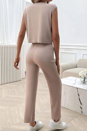 Back view of Devine ribbed round neck top and pants set