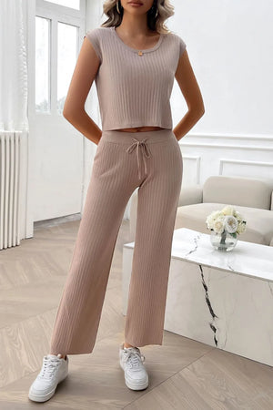 Front full look of Devine ribbed top and pants set