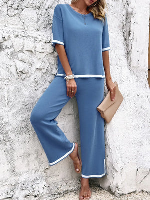 Front view of Devine contrast trim top and pants set