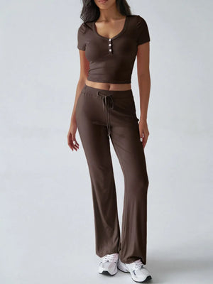 Front view of Devine short sleeve top and drawstring pants set