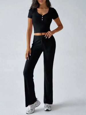 Front full look of Devine short sleeve top and pants set