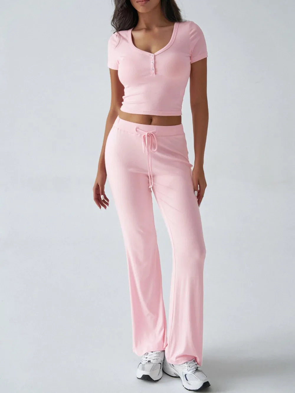 Front relaxed fit of Devine short sleeve top and pants set