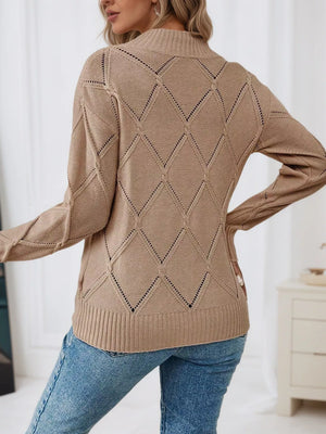 Back view of diamond eyelet knit top long sleeve lightweight sweater