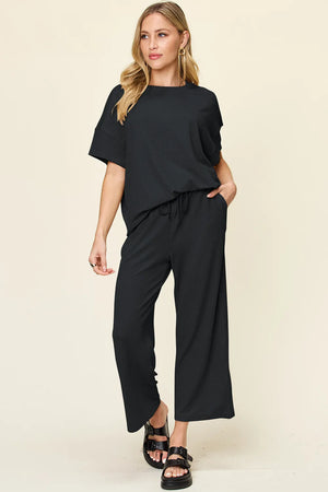 Front look of Double Take textured t-shirt and wide leg pants