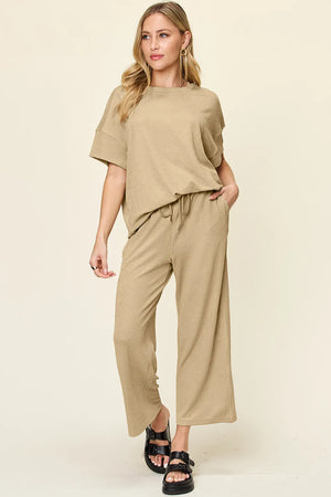 Front wearing view of Double Take textured t-shirt and pants