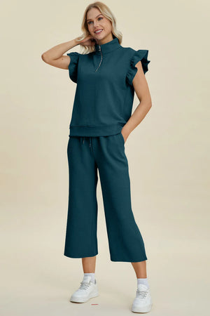 Stylish front view of Double Take ruffle top and pants set
