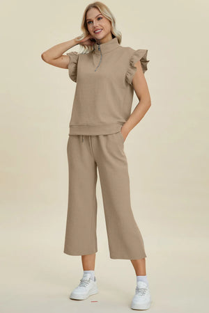 Front wearing view of Double Take textured ruffle top and pants