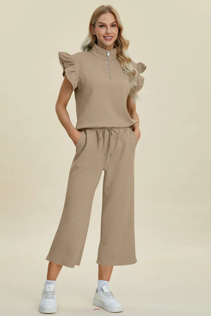 Front design of Double Take textured short sleeve top and pants set