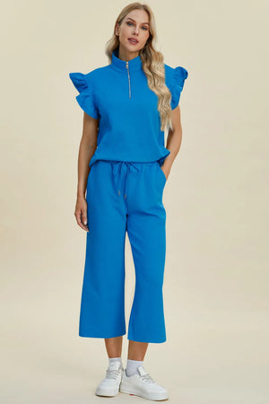 Front view of Double Take textured top and wide leg pants set