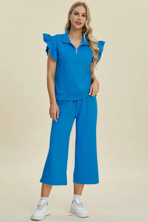 Stylish front view of Double Take textured top and pants set